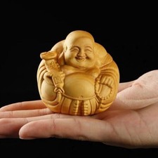 5cm Boxwood Carved Maitreya Buddha Handheld Ornament Laughing Buddha Hand Piece