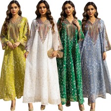 Muslim Women Long Dress Maxi Robe Embroidery Sequins Evening Gown Abaya Kaftan