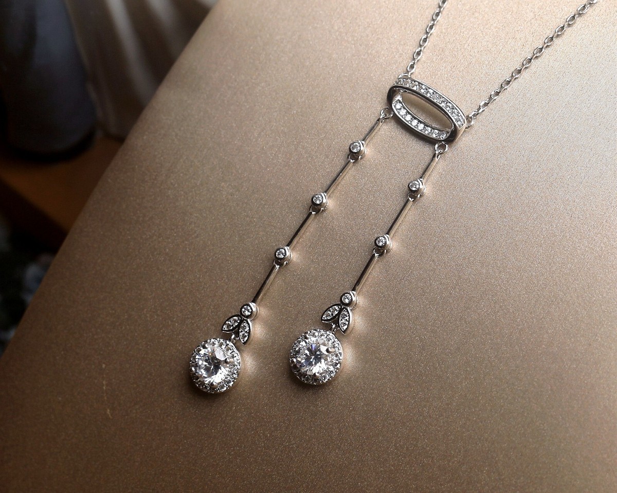 Collier Court Pendentif Argenté Style Belle Époque - Serti CZ Blanc, Femme