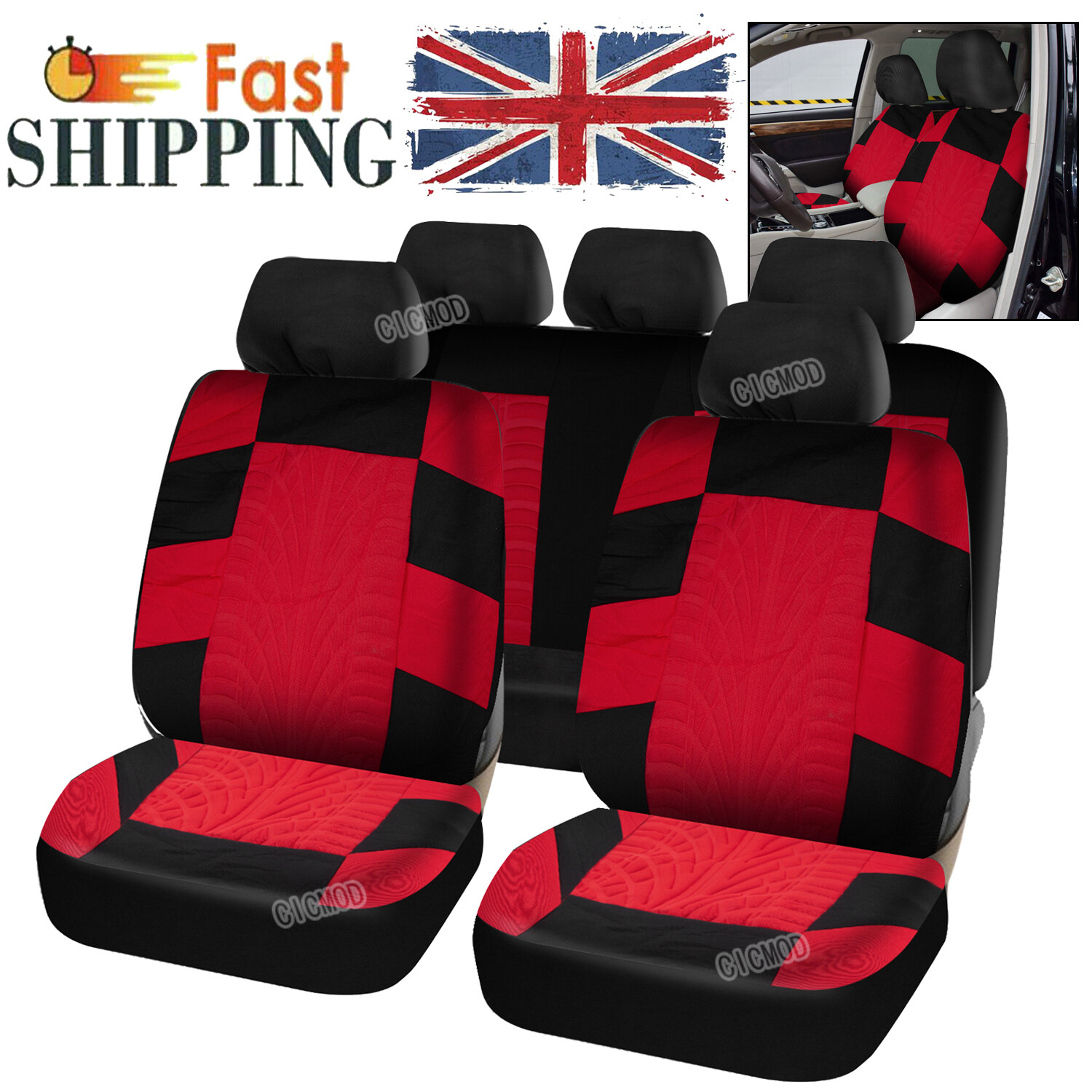 9PCS Universal Car Seat Covers Protectors Full Set Red Front Rear Washable UK