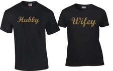 Couple Matching T-Shirts Black Hubby Wifey Love Husband Wife Couples Tees