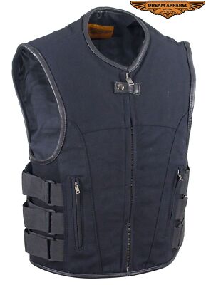 Premium Black Biker Men's Canvas Motorcycle Club Vest With Side Straps