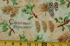 By 1/2 Yd, Green Red Brown Holly & Pinecones on Tan Cotton, Diane Richmond, P822