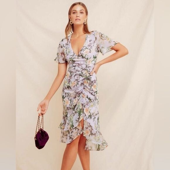knee length dresses for ladies Summer Blooms Lavender Floral Midi Dress – Confetti Boutique main image 1