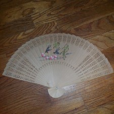 Vintage Hand Painted, Hand Carved Wooden Fan.