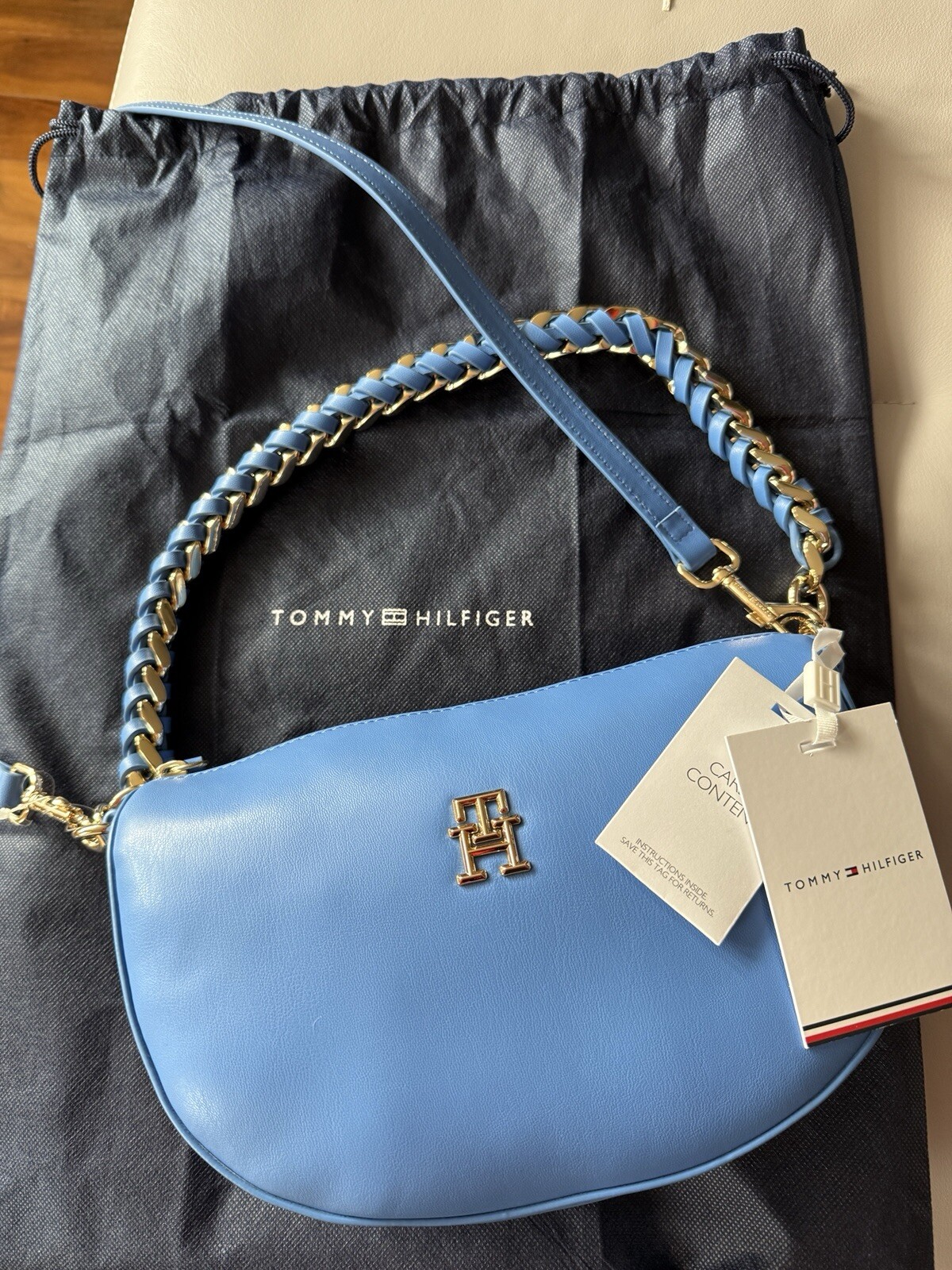 tommy hilfiger bag Half Moon Shape Blue Gold Strap Over Shoulder Or Crossbody image 2