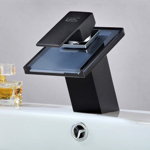 Grifo De Lavabo De Cascada De Vidrio Negro | Grifo De Baño Para Lavabo - Imagen 2 de 3