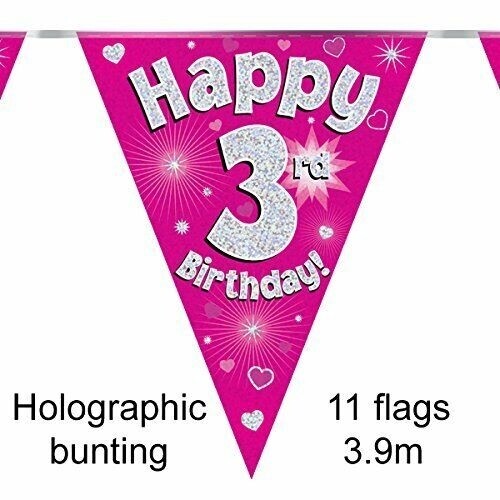 Happy 3rd Birthday Holographic Triangular Party Foil Banner Bunting - Pink