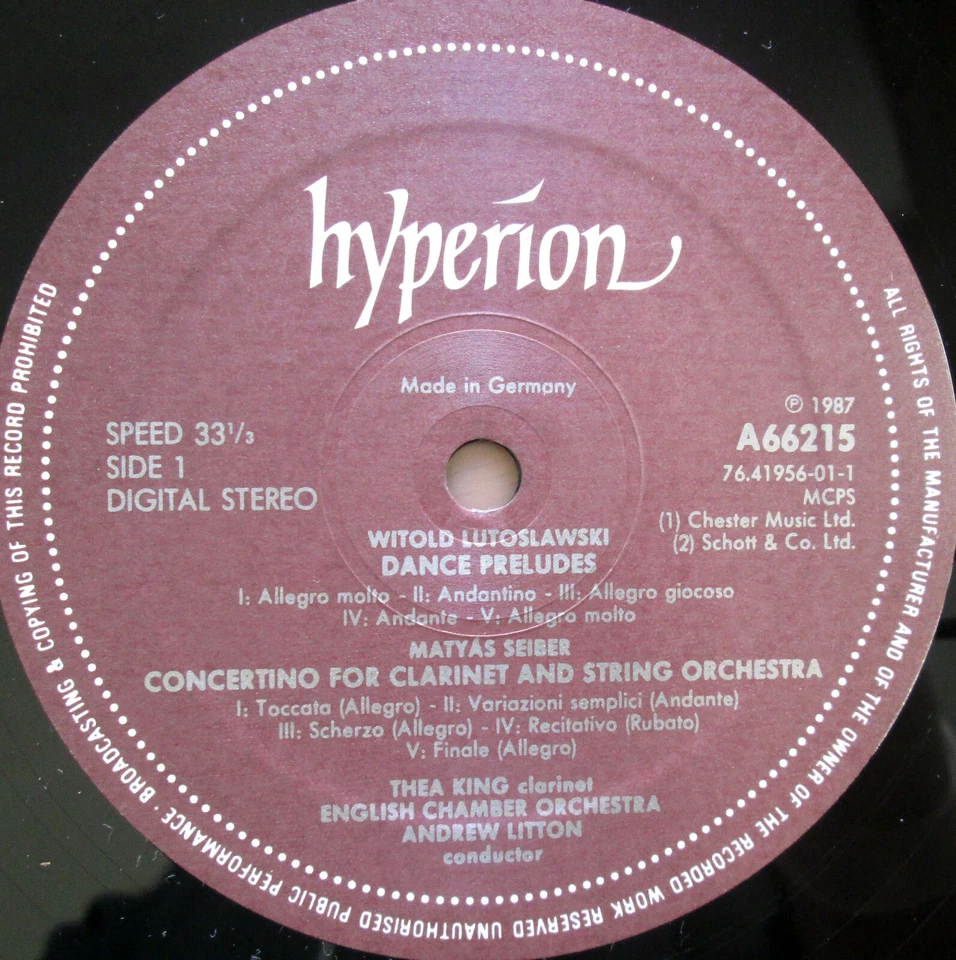 A66215 Lutoslawski Dance Preludes Seiber Blake Clarinet Thea King 1987 Hyperion - Image 2 of 4