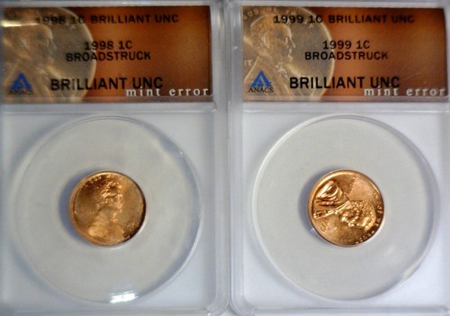1998 & 1999 ERROR ANACS Broad Struck + CRK SKULL Lincoln Cent NICE BU 2 Coin LOT