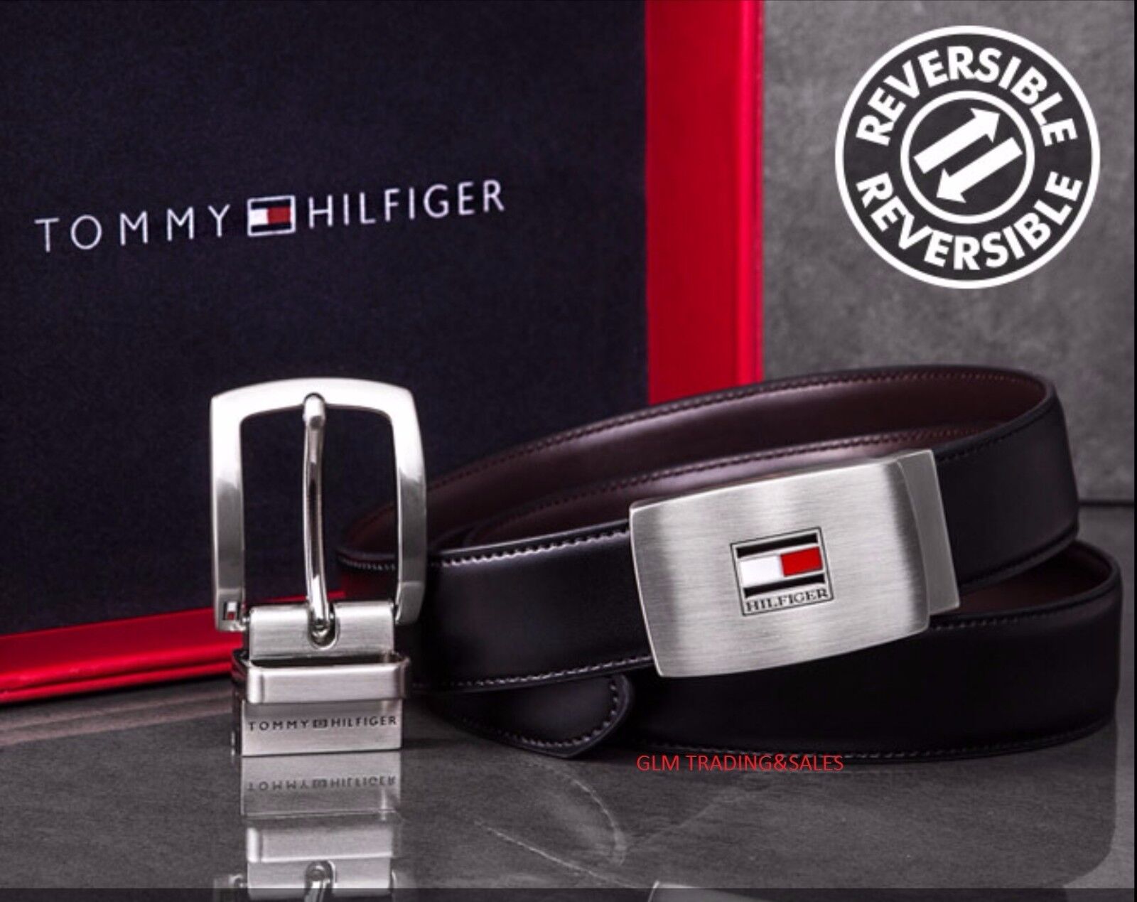 Tommy Hilfiger Men's Premium Reversible Genuine Leather Belt Dual Buckle GiftBox