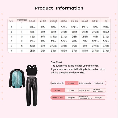 Kids Girls 3Pcs Set Zipper Dance Outfits Costume Dancewear Keyhole Back Pants - Picture 53 of 63