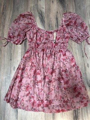 MIAMI For Francescas Whimsical Pink Romanic Floral Puff Sleeve Mini Milkmaid Dre