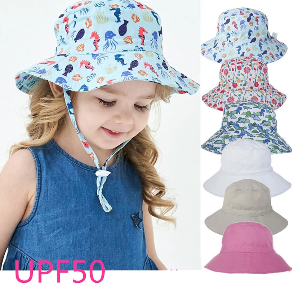 Baby Girls Boys Summer Sun Hat Kids Chin Strap Bucket Hats Anti-UV Beach  Cap