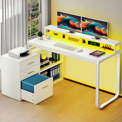 55" L Shaped Office Computer Desk File Drawer Shelf W/ LED Lights & Power Outlet - Picture 11 of 11