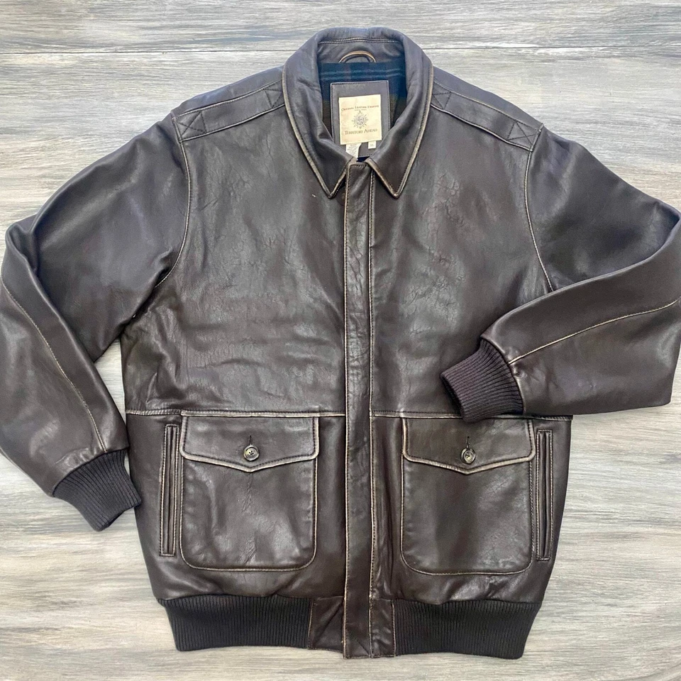 Vtg Mens Territory Ahead Leather Aviator Bomber Jacket Distressed Brown Size XL  - Image 2 of 4
