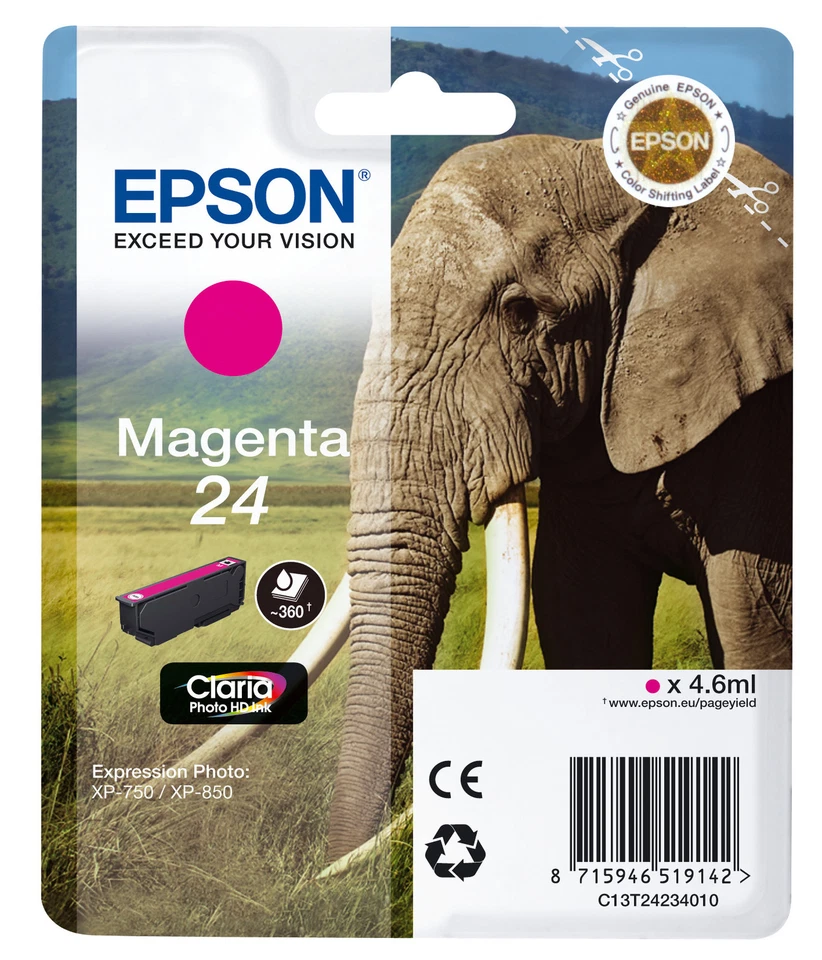 CARTOUCHE EPSON MAGENTA 24 / elephant t24 expression photo xp-750 xp-850 t2423 - Photo 1/1