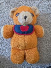 Vintage 1975 Fisher Price Orange Teddy With Squeaker And Apple Bib Used
