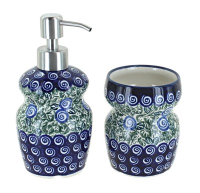 Blue Rose Polish Pottery Seaside Swirl Soap Dispenser & Bathroom Cup