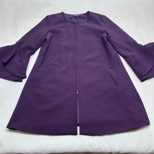 Alfani Petite Purple Tiered Bell Sleeve Full Zip Dress PS Round Neck Pockets