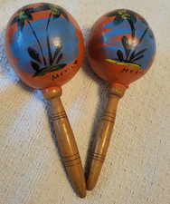 Vintage Wooden Maracas Mexico Handpainted