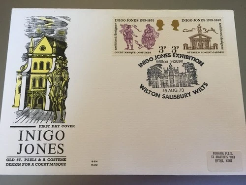 GB STAMPS RARE FIRST DAY COVER 1973 INIGO JOONES BENHAM WOODCUT