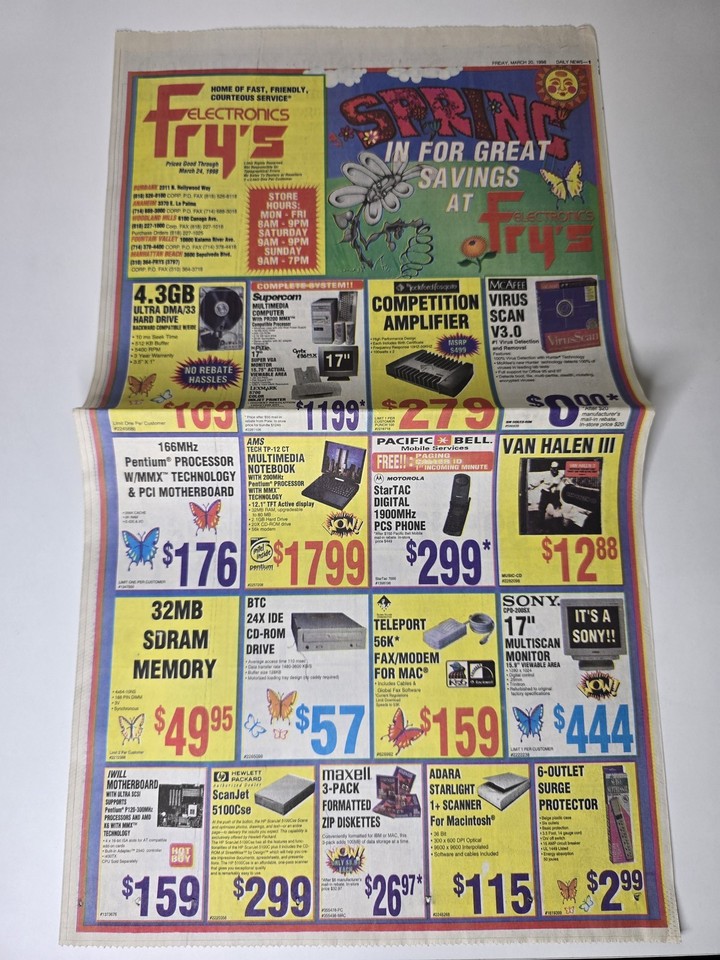 A genuine 1998 Fry's Electronics print ad featuring StarCraft launch pricing — a time capsule of 90s PC gaming culture in paper form.