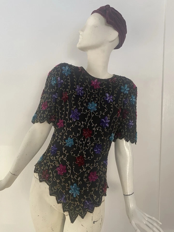 Camisa top vintage Laurence Kazar con cuentas lentejuelas seda negra años 80 India Boho Glam Foto 2 de 4