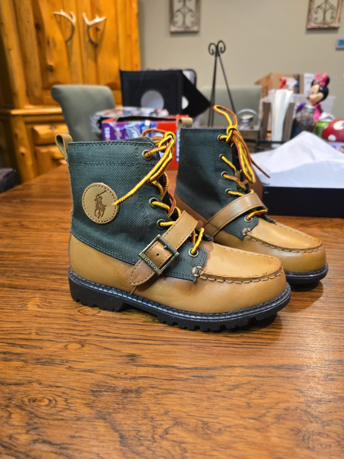 Polo Ralph Lauren Ranger Hi II Tan Green Leather Boots Kids Youth US Size 1