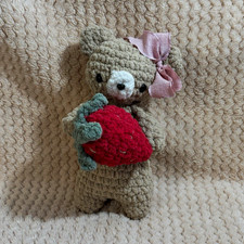 Handmade Crochet Teddy Bear Plush Small Pink Bow Holding Strawberry