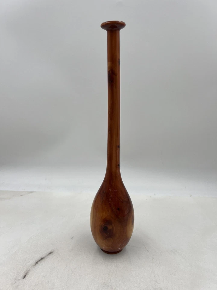 Vintage Hand Turned Wooden Bud Vase 12 Inch Tall Slim Neck Rustic Home Decor Gif - Image 3 of 4