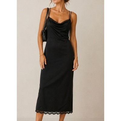 Free People Black Lace Trim Tie Back Nadia Midi Slip High Slit Dress OB1007364 2