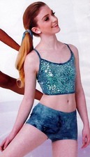 NWT 2 Piece Contemporary Dance Costume Tie Dye Teal Sequin Front Camisole SmallA