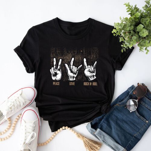 Peace Love Rock and Roll Guitar Hippie Hand Signs T-Shirt