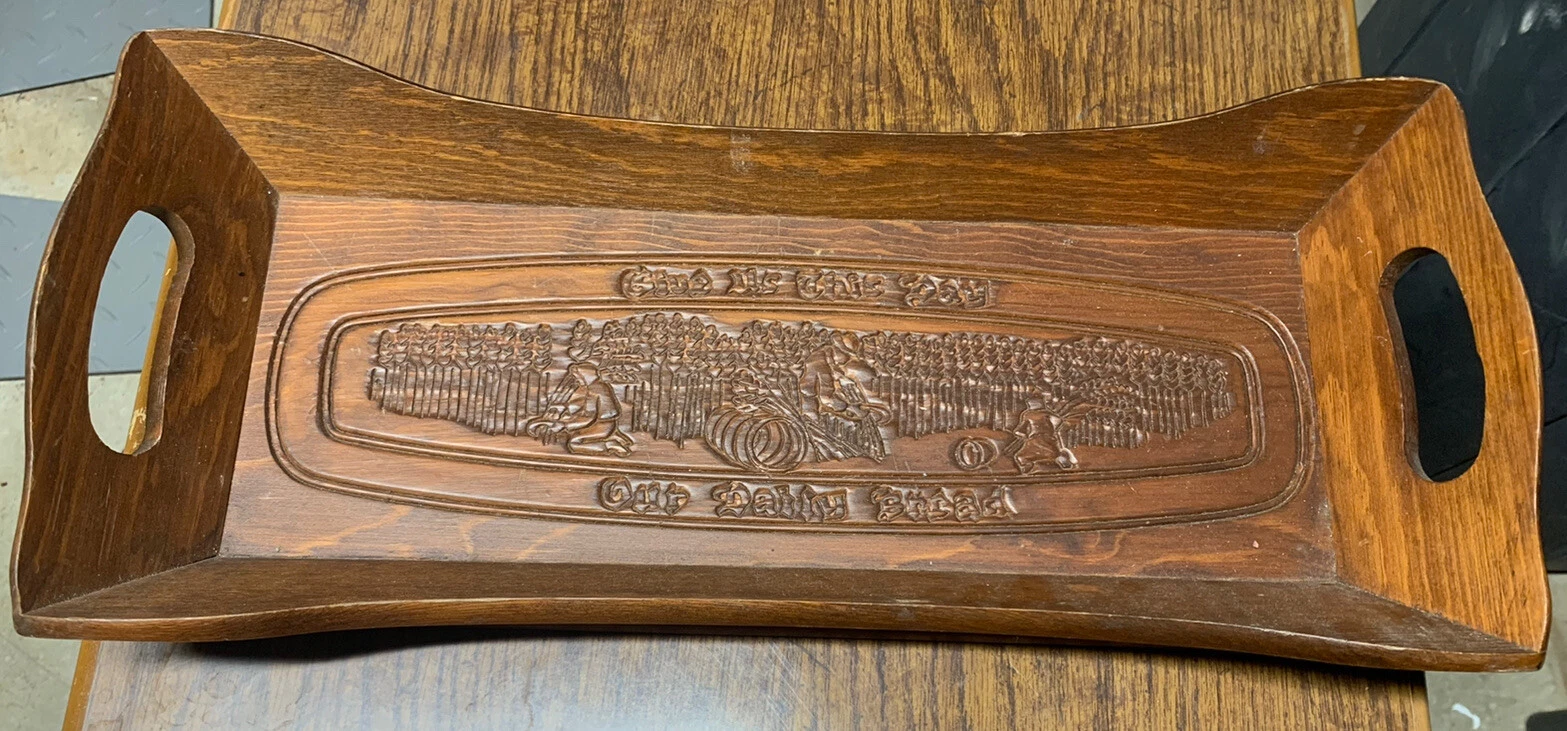 VTG Wooden Bread Box Tray Carved "Give Us...Daily Bread" 19"x7" Holds Full Loaf