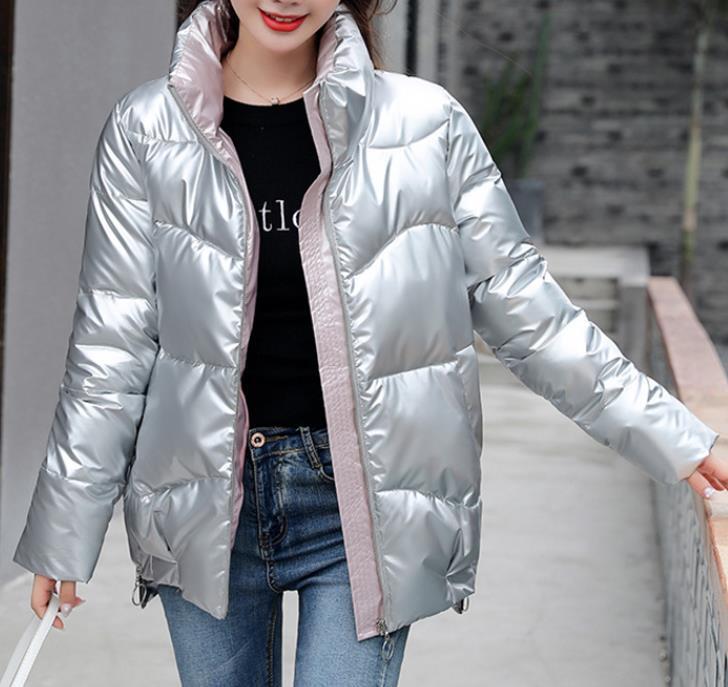 Women Shiny Color Stand Collar Padded Jacket Zipper Winter Warm Quilted Coat