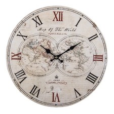World Map Round Wall Clock Vintage Style Atlas Roman Numerals Wood Cream 34cm