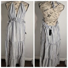 Lulu’s Maxi Dress Womens Medium Vacay Babe grey striped halter Open Back NEW