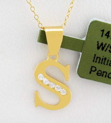 LAB-CREATED WEISSE SAPHIRE INITIALEN S ANHÄNGER HALSKETTE 14K GOLD - Neu mit Etikett