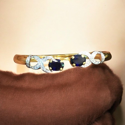 Pave 4.32 Cts Round Brilliant Cut Diamonds Blue Sapphire Cuff Bracelet 14K Gold - Picture 6 of 9