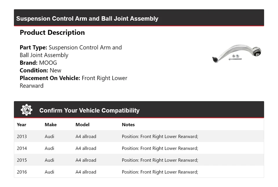 Brazo de control delantero derecho inferior trasero MOOG 2013-2016 AUDI A4 ALLROAD Foto 2 de 4