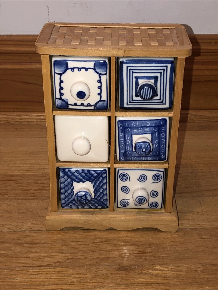 Gabinete de madera boticario medicina caja de almacenamiento organizador de costura de mimbre 6 cajones Foto 2 de 4