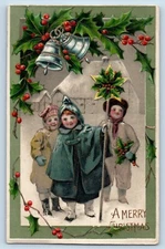Christmas Postcard Little Boys Holly Berries Ringing Bells Winter Scene Embossed