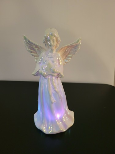 Ángel Iluminado con Estatuilla Estrella Perla Lustre Cerámica Iridiscente 8" - Imagen 10 de 12