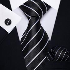 Mens Tie Black Striped Necktie Pocket Square Cufflinks Set Wedding Casual Work