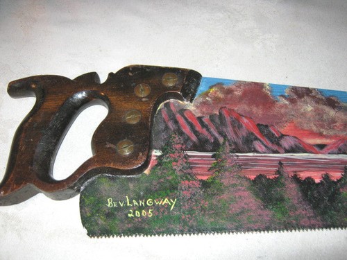 ANTIQUE USA COUNTRY CARPENTER WOOD TOOL SAW ART OIL PAINTING SUN LAKE MOUNTAIN - Picture 2 of 5