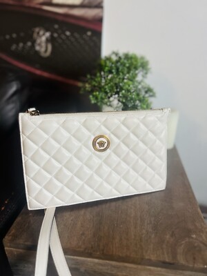 VERSACE Calfskin Quilted Small Tribute Icon Pouch White