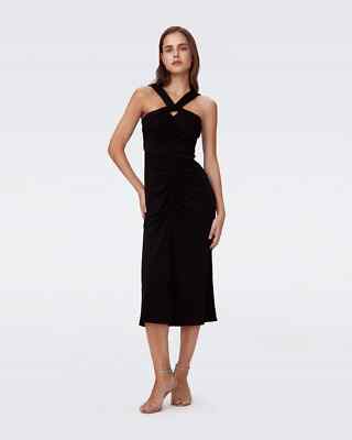 Diane von Furstenberg black ruched halter midi Neely dress NWT XS