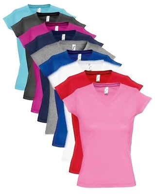 Sols Damen Einfarbig Baumwolle Kurzärmelig Vee V-Ausschnitt T-Shirt Top S-3XL - Bild 1 von 2