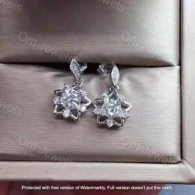 Beautiful 2Ct Lab Created Diamond Flower Drop/Dangle Earrings White Gold Finish